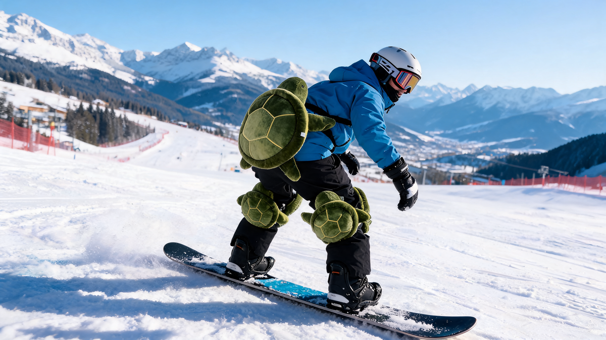 Snowboarder wearing the green Shield Shell turtle hip protector and turtle knee pads on a mountain run